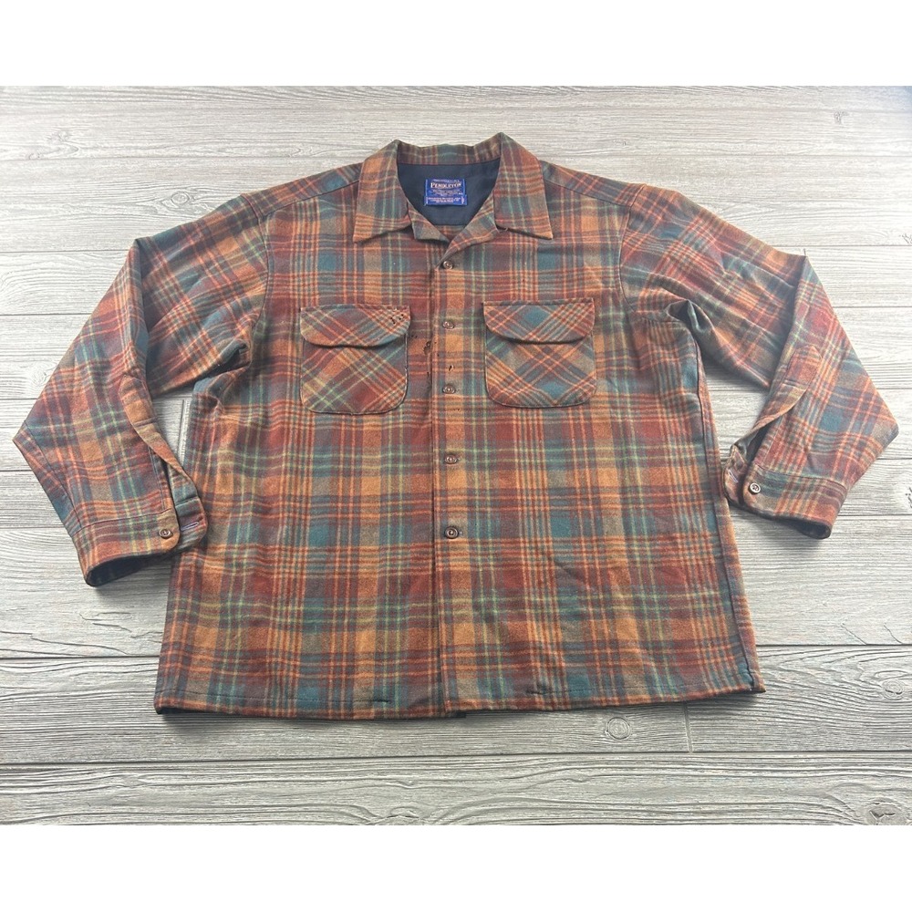 Pendleton Original Board Shirt Jac Wool Brown Blue Red Plaid Mens Large
